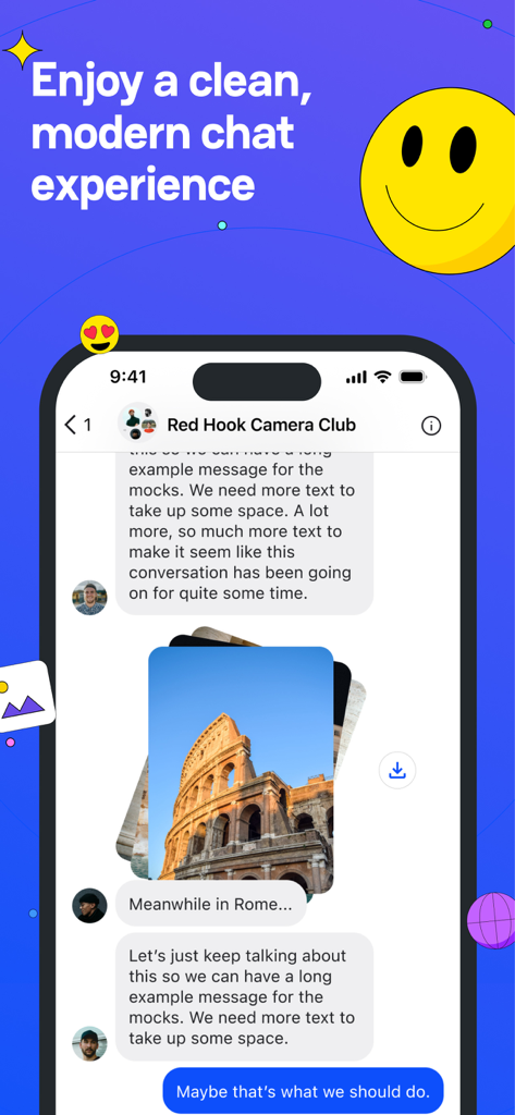 Beeper mobile app interface showing a clean chat design with text messages and a shared photo of the Colosseum