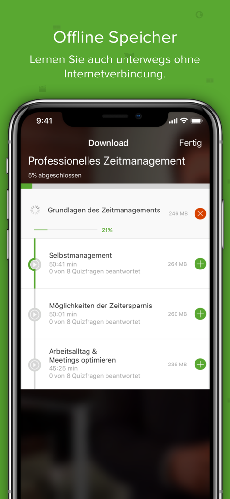 Ein Smartphone-Bildschirm zeigt die Lecturio App-Oberfläche mit professionellen Kursmodulen, die für das Offline-Lernen heruntergeladen werden