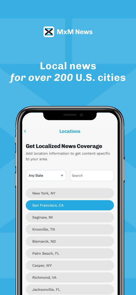 MxM News - 200개 이상의 미국 도시에서 지역 뉴스 보도를 선택하기 위한 MxM 뉴스 앱 화면