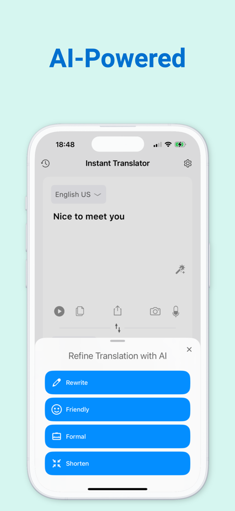 Instant Voice Translator - Instant Voice Translator app screen showing AI refinement options for text translation.