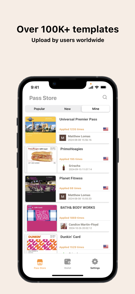 Pass2U Wallet Pass Store featuring over 100,000 user-uploaded templates for loyalty and reward cards.