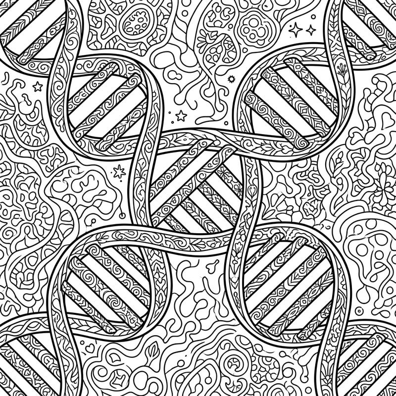 Explore the fascinating world of genetics and biology with this intricate DNA helix coloring page designed for adults. Each double helix is adorned with mesmerizing patterns, offering a unique blend of science and art for your creative escape.