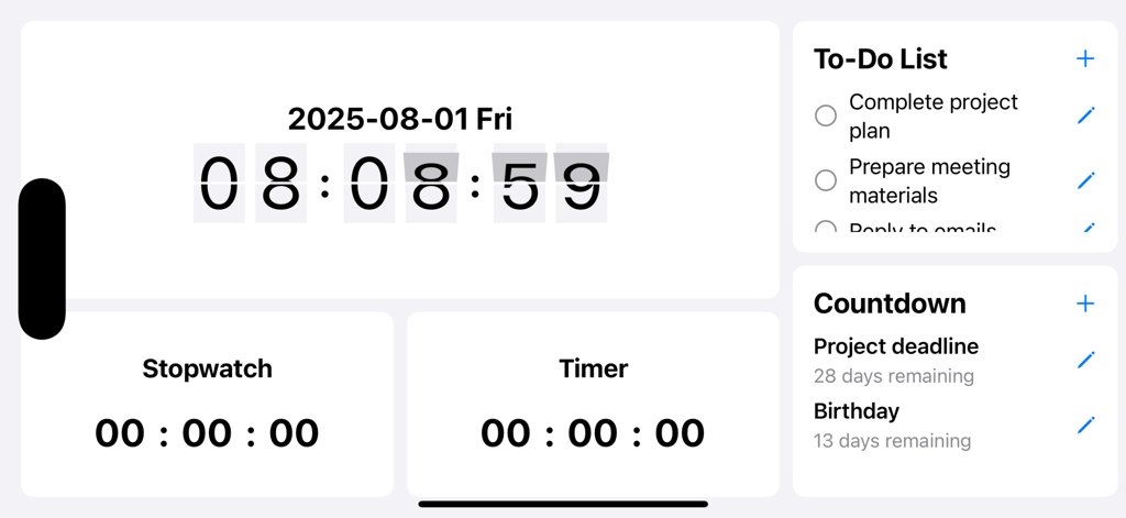 极简多功能时钟:桌面时钟翻页时钟全屏时间显示悬浮时钟 - A minimalist productivity dashboard featuring a retro flip clock, to-do list, stopwatch, and countdown timers on a clean white interface.