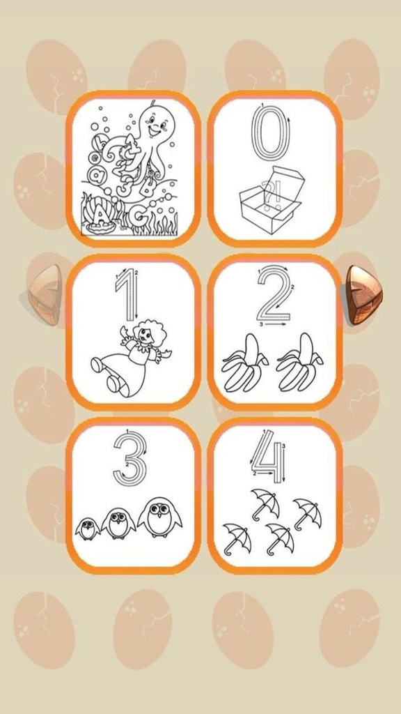 Numbers Tracer Phonics Coloring Book: Learning Basic Math Free For Toddlers And Kids! - Tela de aplicativo educacional mostrando modelos de rastreio de números de zero a quatro para crianças pequenas