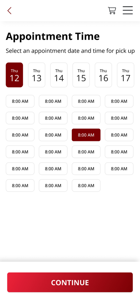 Pantalla de la aplicación Nellis Auction para seleccionar una fecha y hora para la recogida en tienda
