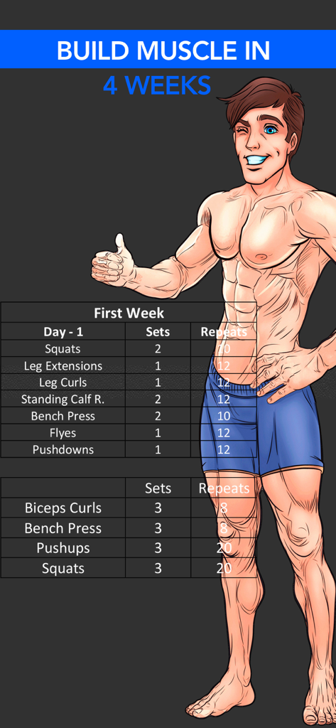 Fitzy AI Fitness & Workout - Exercise table for a 4 week muscle building plan in the Fitzy app