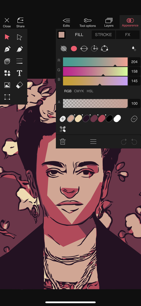 Vector Q by Imaengine - Vector Q app interface showing color adjustments on a vector art portrait