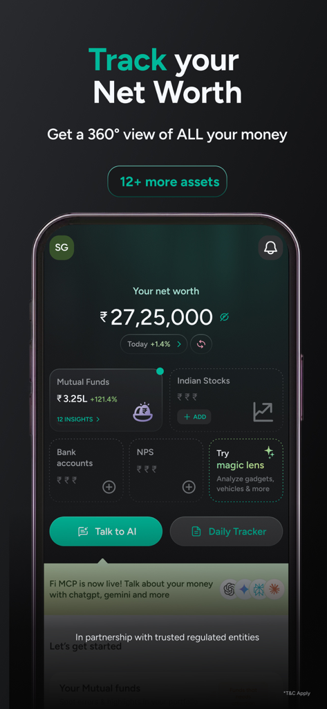 Fi Money app dashboard showing total net worth tracking and asset classes