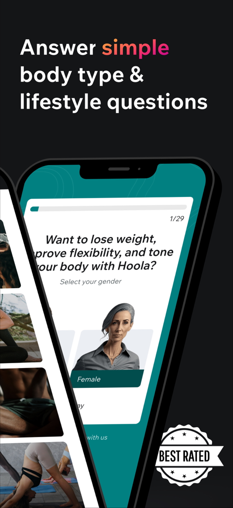 Hoola app onboarding screen asking for user body type and lifestyle goals