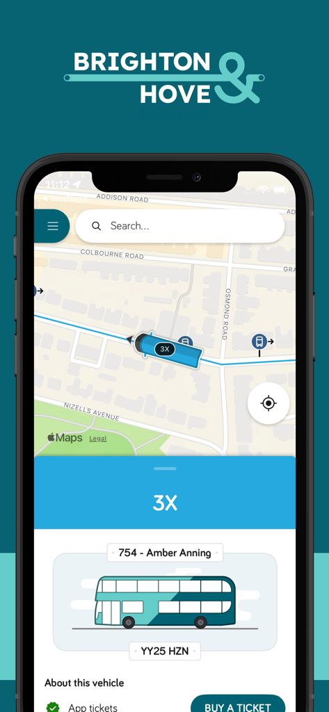 Live bus tracking map and vehicle details in the Brighton & Hove Buses app