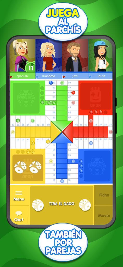 Una pantalla de teléfono móvil mostrando un tablero de juego digital de Parchís con avatares de jugadores y una interfaz de chat.