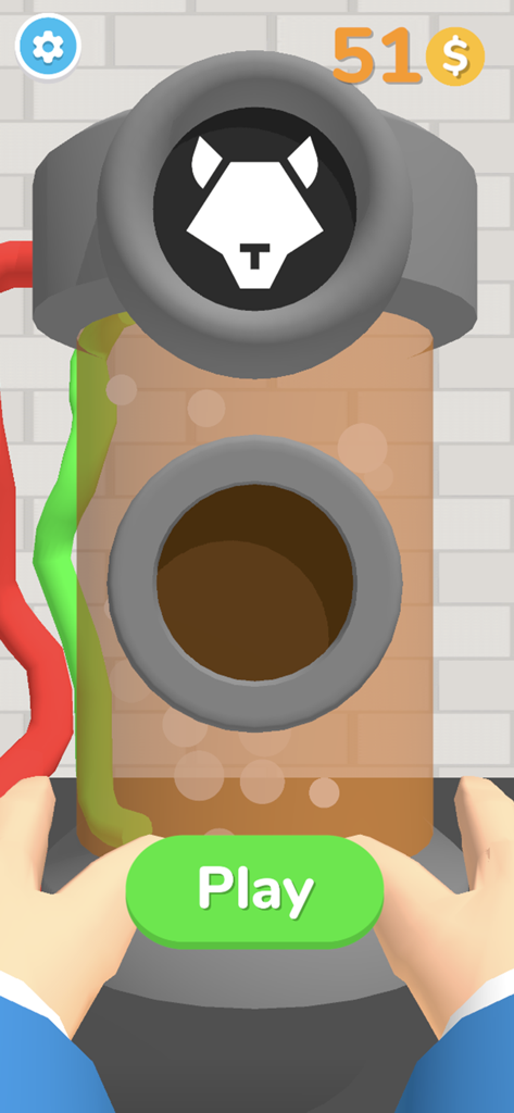 Human Hunter game start screen showing a monster transformation tube and a green play button