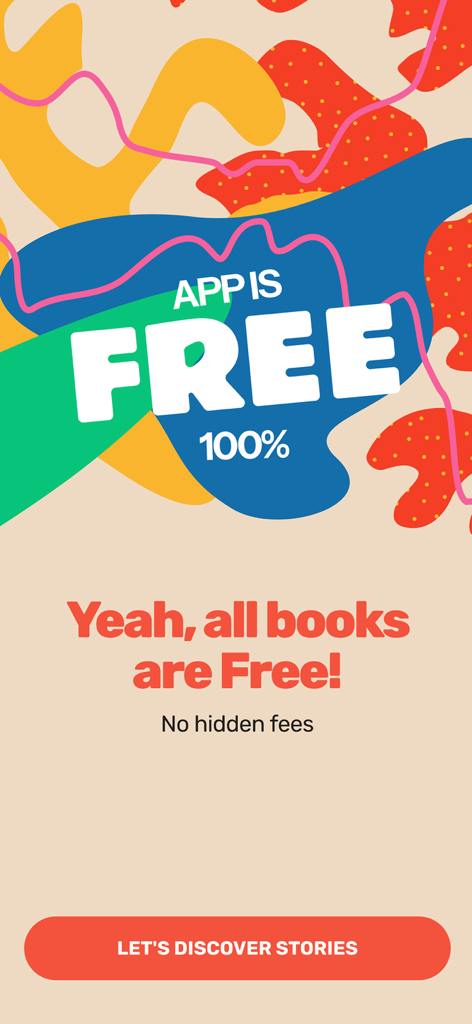 Amora: Novels & Audiobooks - Promotional screen for Amora app showing that all romance novels and audiobooks are one hundred percent free with no hidden fees