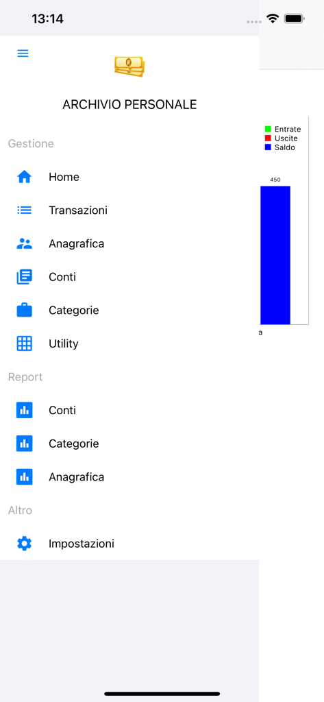 Prima Nota Contabile - Interface do aplicativo Prima Nota Contabile mostrando menu lateral e gráfico de saldo pessoal