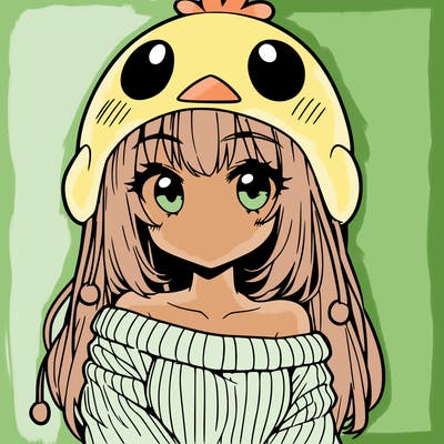 anime girl with chick shaped hat with sweater with bare shoulders with bangs covering them one eye with low tail