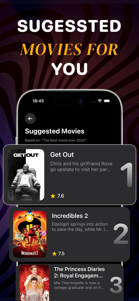 Interface de l'application Streamex affichant une liste de suggestions de films personnalisées avec des notes.