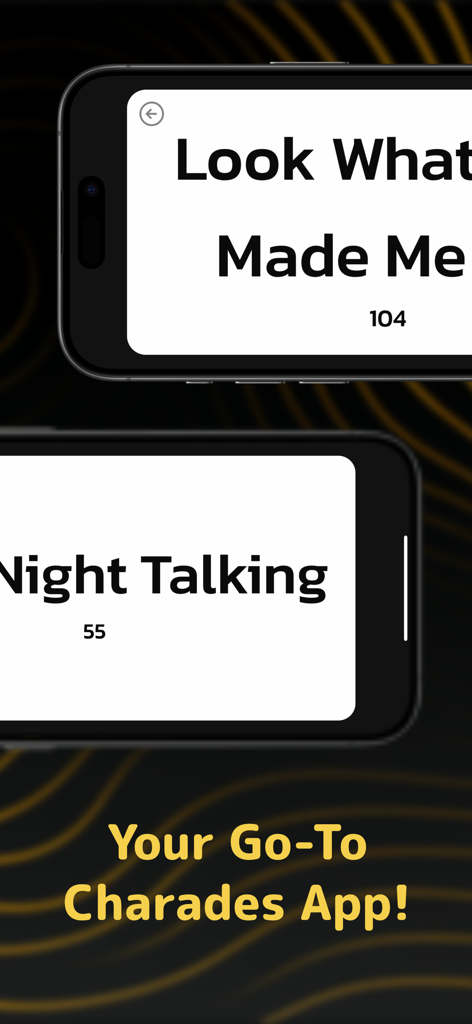 Chanom: AI-Powered Charades - 2台のスマートフォンに、ポップカルチャーの曲名が表示されたChanomジェスチャーゲームアプリがあり、推測ゲームが行われています