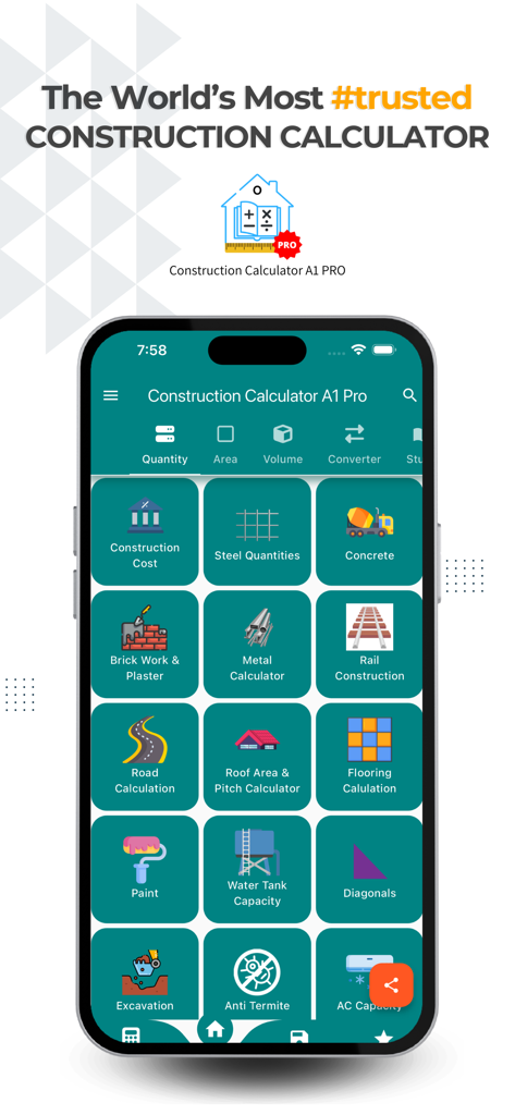 Construction Calculator A1 Pro - Home screen of Construction Calculator A1 Pro app showing various construction estimation tools on an iPhone