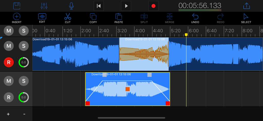 A professional multitrack audio editing timeline with waveform visualization in EZAudioCut