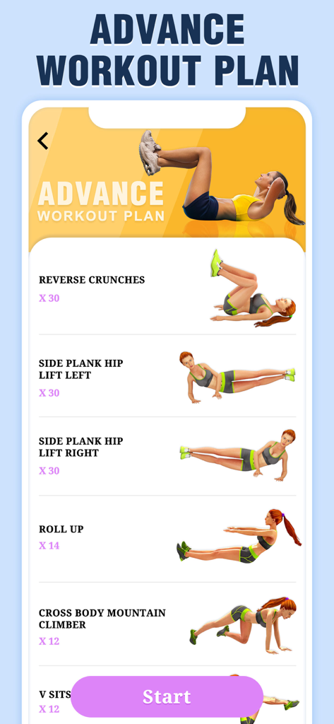 ABS Workout for Women, Fitness - Advanced abdominal workout plan screen showing a list of exercises for women with animations and repetitions