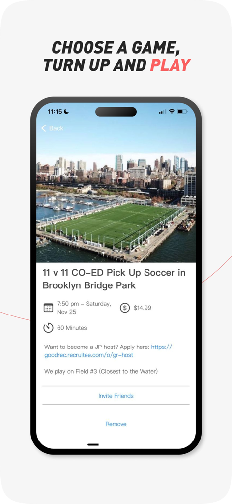 GoodRec - ブルックリンブリッジパークでのピックアップサッカ​​ーゲームの詳細が表示されたGoodRecアプリのインターフェース
