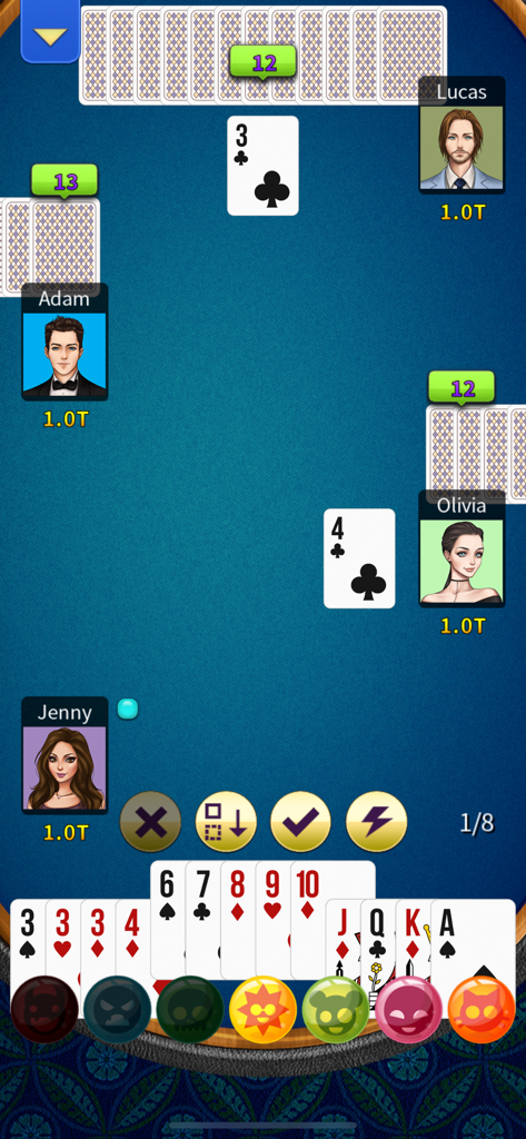 Interface de jeu du jeu de cartes Big 2 Pusoy Dos montrant quatre joueurs et des mains de cartes numériques.