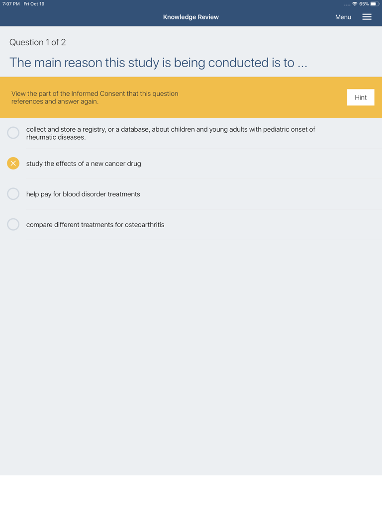 iPad screen showing a knowledge review quiz in the Rave eConsent app to ensure patient comprehension of a clinical trial.