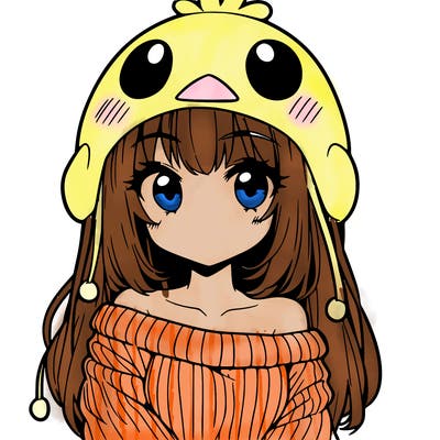 anime girl with chick shaped hat with sweater with bare shoulders with bangs covering them one eye with low tail