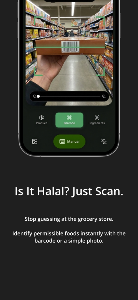 Halal Scanner: HalalChecker AI - Smartphone interface scanning a product barcode in a supermarket aisle using HalalChecker AI