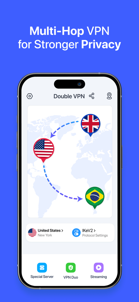 Interface of the VPN for iPhone app showing the Multi-Hop VPN feature and double layer security with server routes on a world map.