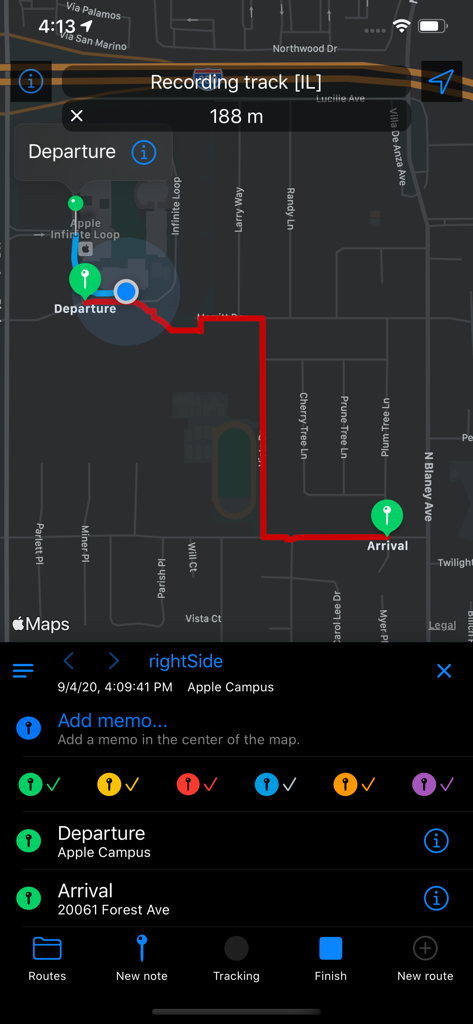 RouteNote interface showing a recorded GPS path with departure and arrival pins on a dark map