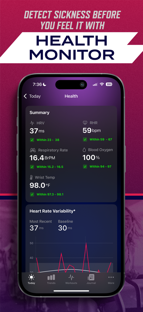 Athlytic app health monitor dashboard showing HRV RHR and other vital signs