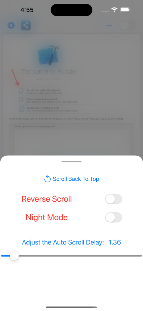 Settings menu in the PDF Reader Auto Scroll app showing controls for reverse scroll, night mode, and auto-scroll delay speed.