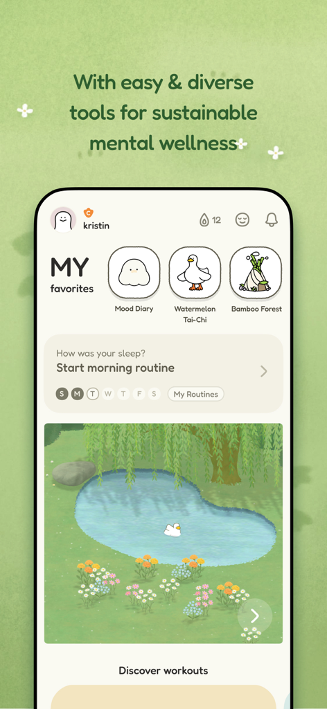 Quabble: Daily Mental Health - Quabble app home screen showing mental health tools and a cozy virtual park with a duck pond.