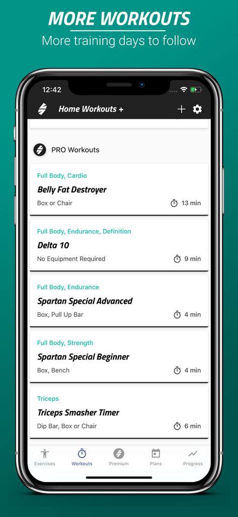 Spartan Home Workouts - Pro - Interfaz de la aplicación Entrenamientos en Casa Spartan que muestra una lista de rutinas de entrenamiento profesionales, incluyendo Belly Fat Destroyer y Delta 10.