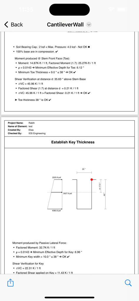 Una página detallada de informe de cálculo de ingeniería para el diseño de muros de contención en voladizo, incluidas comprobaciones de estabilidad y diagramas estructurales