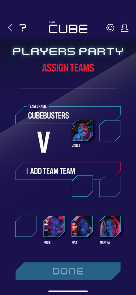 Interface of the Play THE CUBE app showing the players party screen for assigning teams and players for the live experience