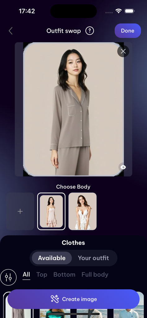 Mobile app interface for AI powered outfit swap and virtual fashion try on