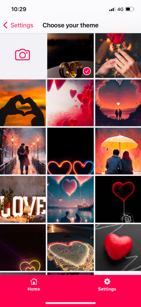 A grid of aesthetic and romantic background themes for relationship tracking customization.