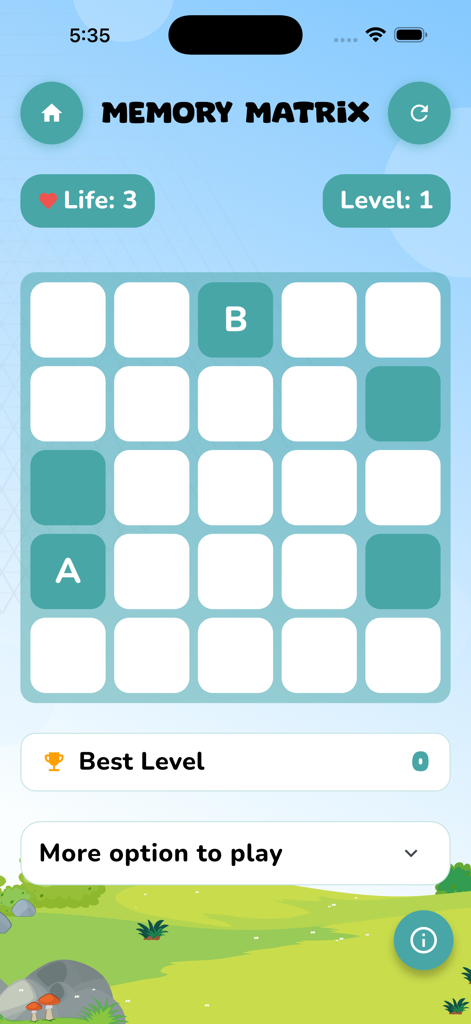 Brain Games: Offline Puzzle - Interfaz de cuadrícula del nivel uno de Memory Matrix de Juegos Cerebrales