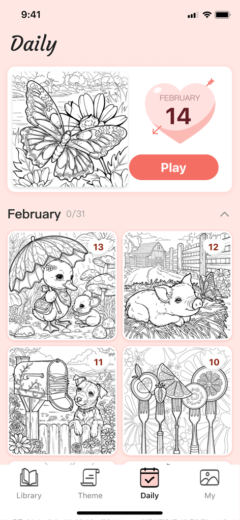 Tela de desafios diários de colorir mostrando o esboço de uma borboleta e animais fofos para colorir por número