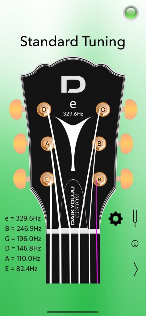 Acoustic Guitar Tuner Pro - Interfaz de la aplicación Afinador de Guitarra Acústica Pro que muestra la afinación estándar con frecuencias de cuerda en Hz