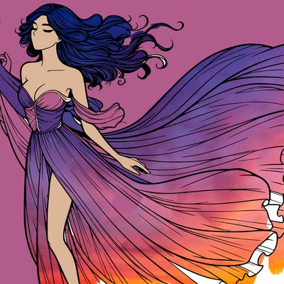 realistic woman in dress flowing the the wind