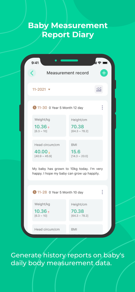 iMoni Health - track your body - A screenshot of the iMoni Health app showing the Baby Measurement Report Diary with records for weight, height, head circumference, and BMI.