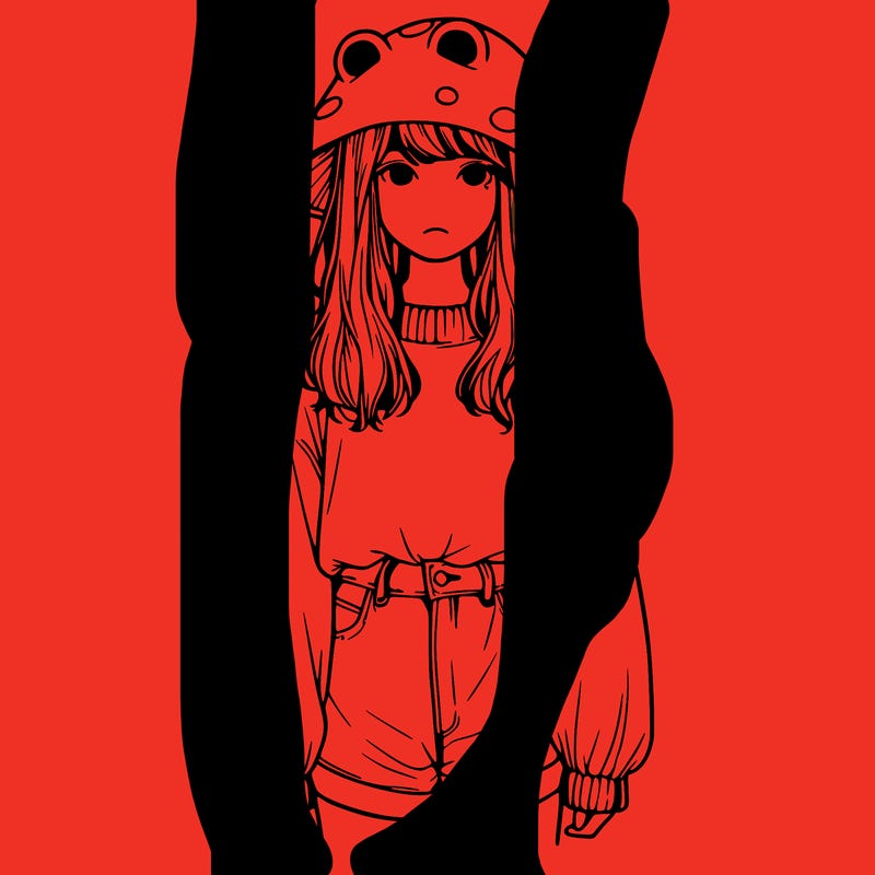 a realistic girl with a frog hat and baggy mushroom shirt