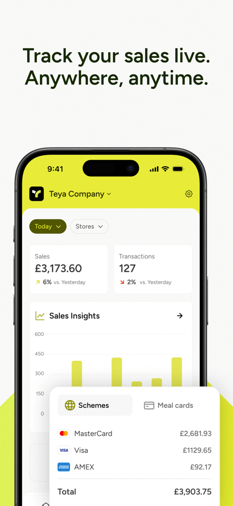 Teya mobile app interface showing live sales tracking and real-time business performance insights