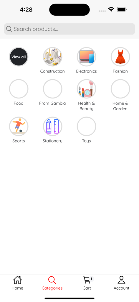 BiiT - Écran des catégories de l'application mobile BiiT montrant diverses sections d'achat comme la construction, l'électronique, la mode et la nourriture.
