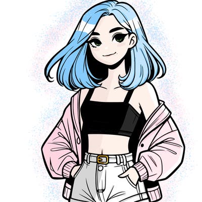 a realistic girl with a crop top and short shorts in an open jacket