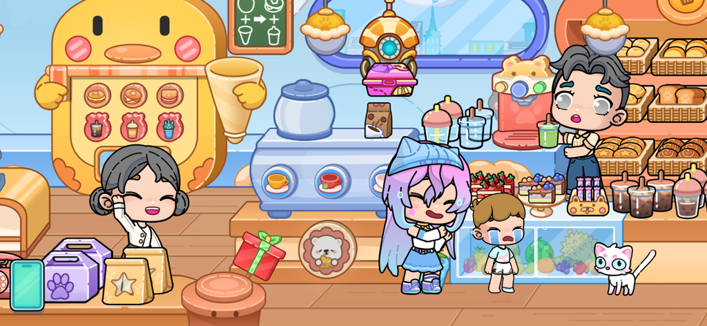 Super City2:Tut Life World - Una colorida escena de panadería y cafetería de dibujos animados con adorables personajes y pasteles en Super City2 Tut Life World