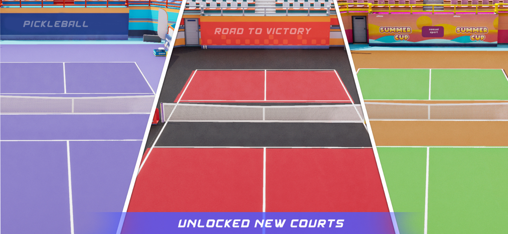 PickleBall 3d - Showcase of different colored and themed unlocked pickleball courts in the game.